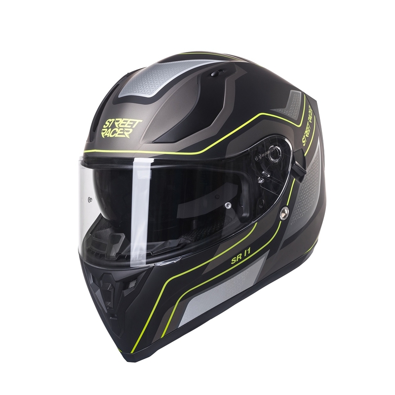 Integrālā moto ķivere Street Racer SR I1 melns-pelēks fluo dzeltens - II klase