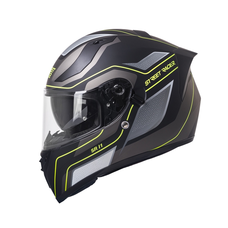 Integrālā moto ķivere Street Racer SR I1 melns-pelēks fluo dzeltens - II klase