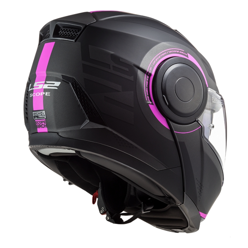 Flip-up motociklu ķivere LS2 FF902 Scope Arch melna un rozā matēta