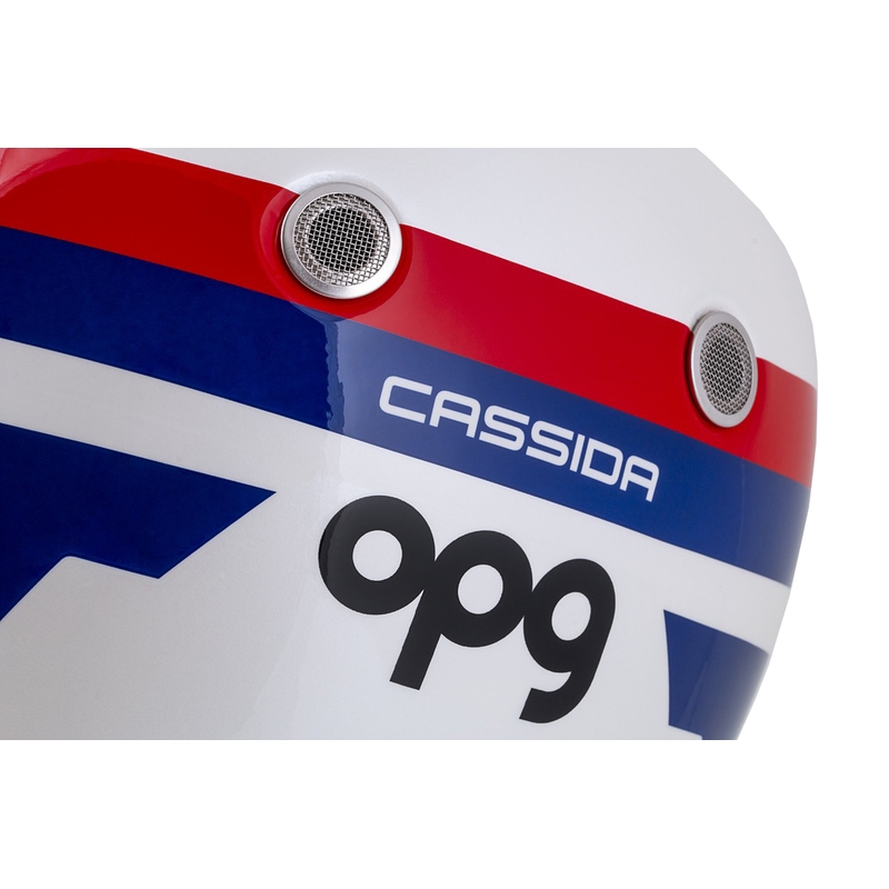 Cassida Fibre OPG integrālā motociklu ķivere balta-zilā-sarkana