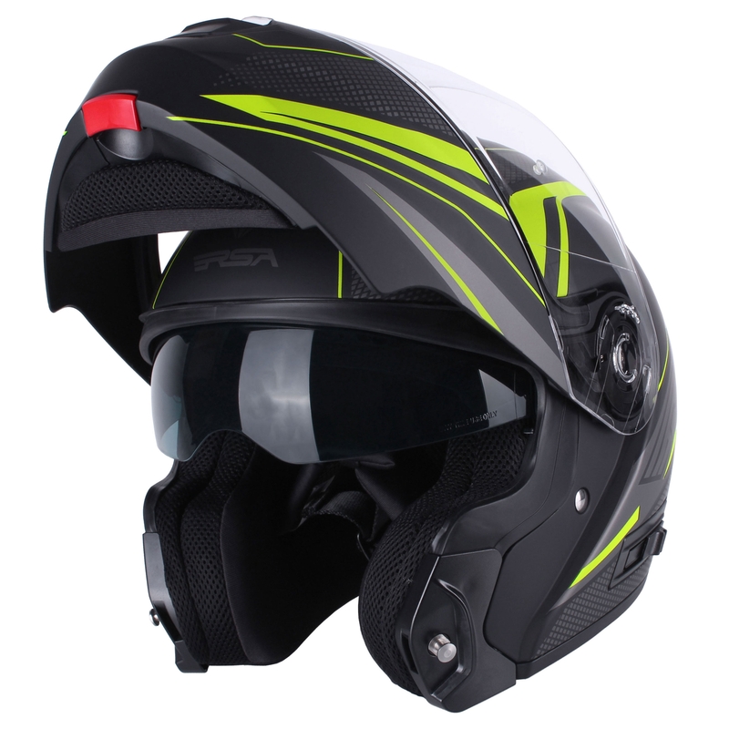 RSA Rival melni pelēka-fluo dzeltena uz augšu pacelta motocikla ķivere