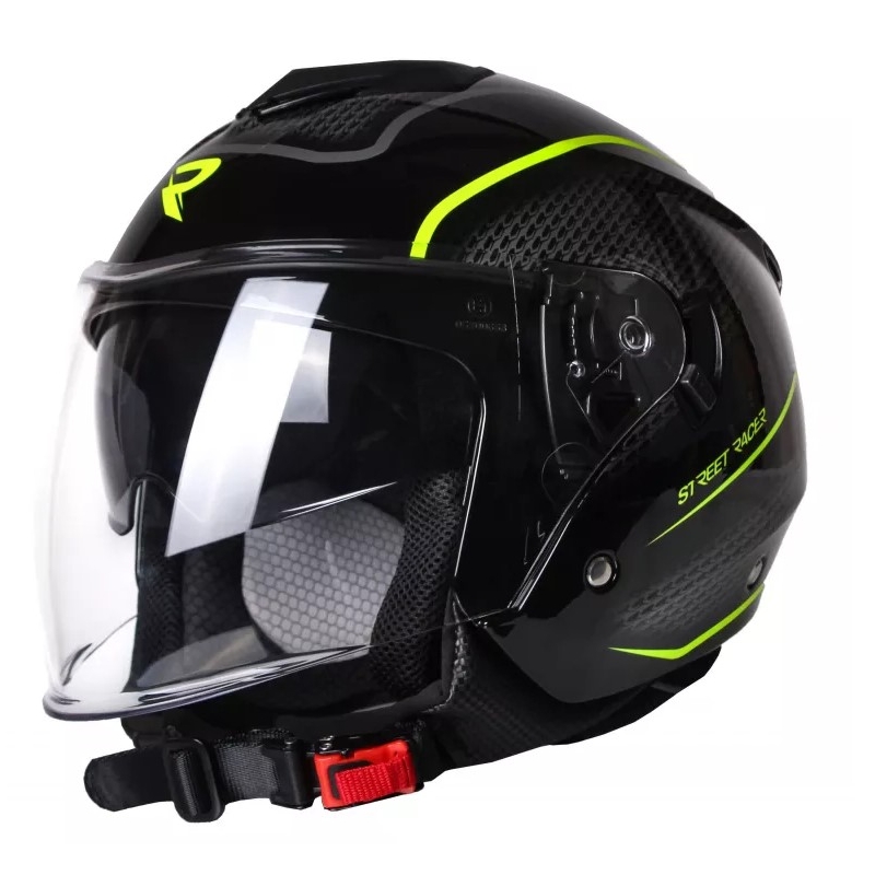 Atvērt motocikla ķivere Street Racer Pilot melnā un dzeltenā krāsā