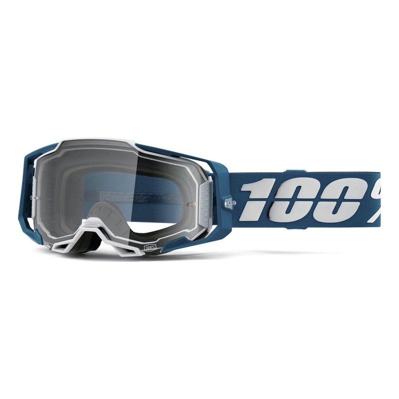 Motokrosa brilles 100% ARMEGA Albar zili un balti (caurspīdīgs pleksi)