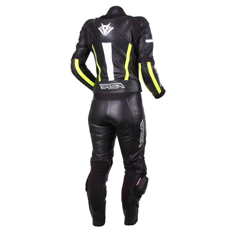 Sieviešu RSA Virus melns-balts-fluo dzeltens motocikla kombinezons izpārdošana