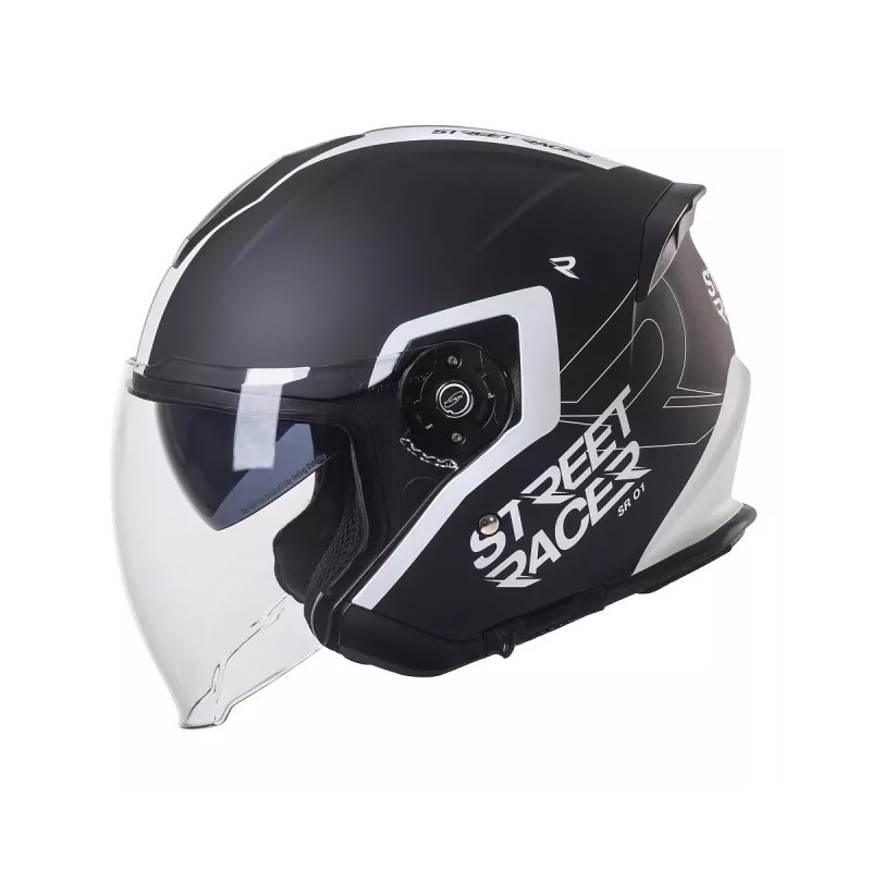 Atvērt motocikla ķivere Street Racer SR 01 melnā un baltā krāsā