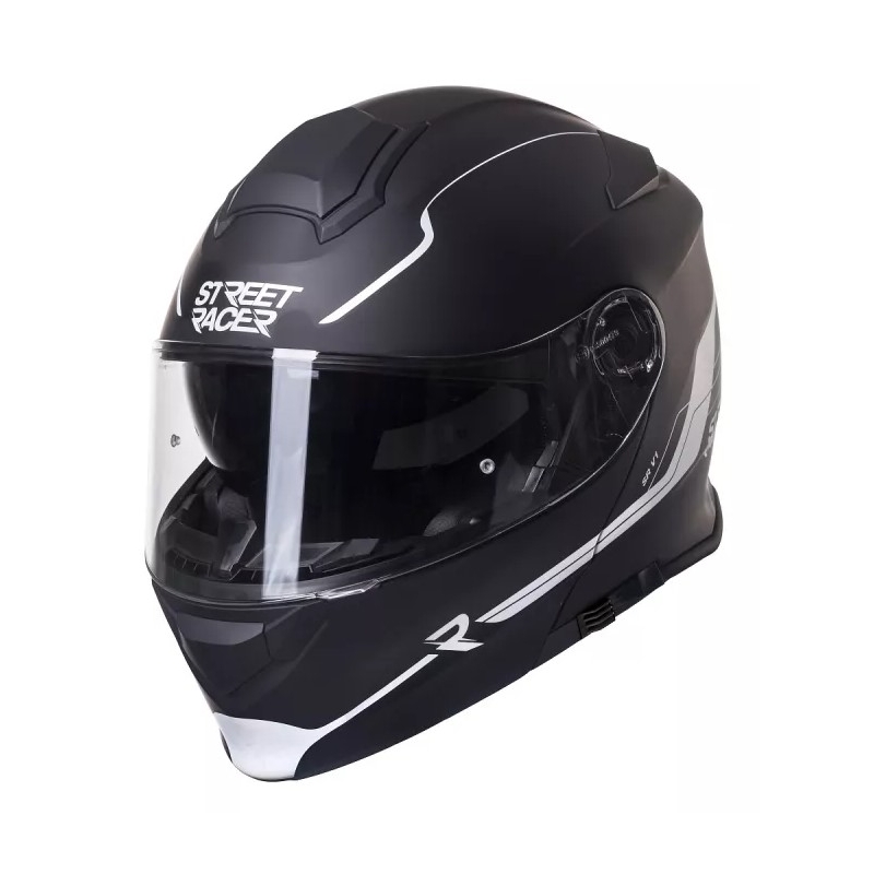 Street Racer SR V1 melnā un baltā uz augšu pacelta motocikla ķivere izpārdošana