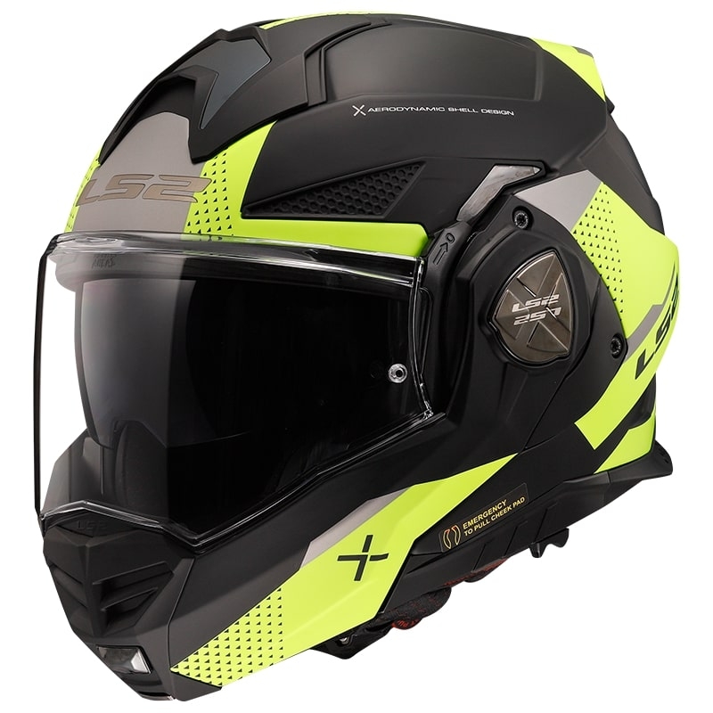 LS2 FF901 Advant X Oblivion melnā-fluo dzeltenā flip-up moto ķivere