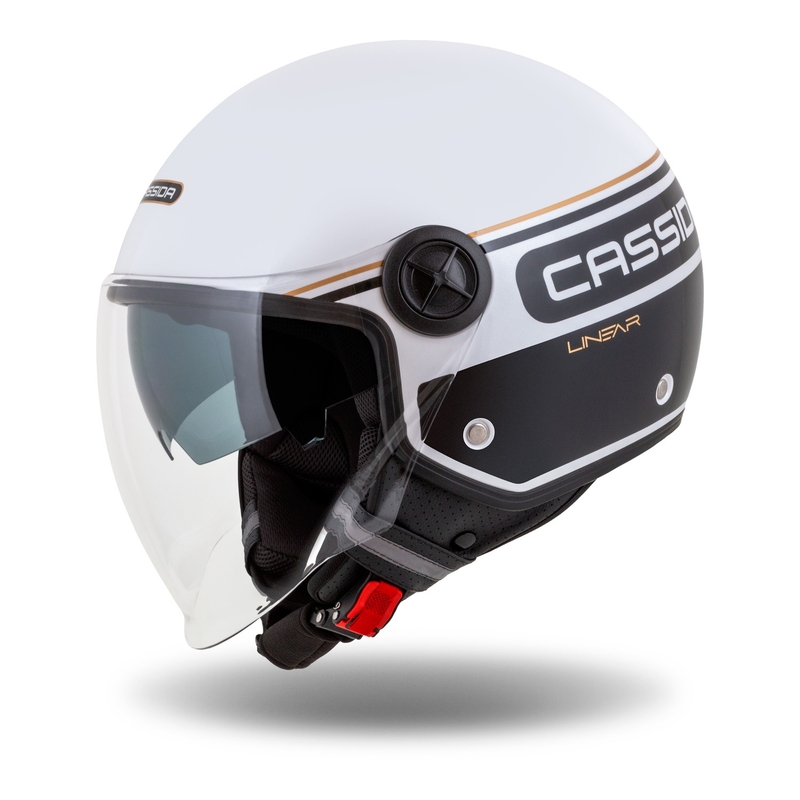 Cassida Handy Plus Linear atvērtā moto ķivere balta-melna-zelta