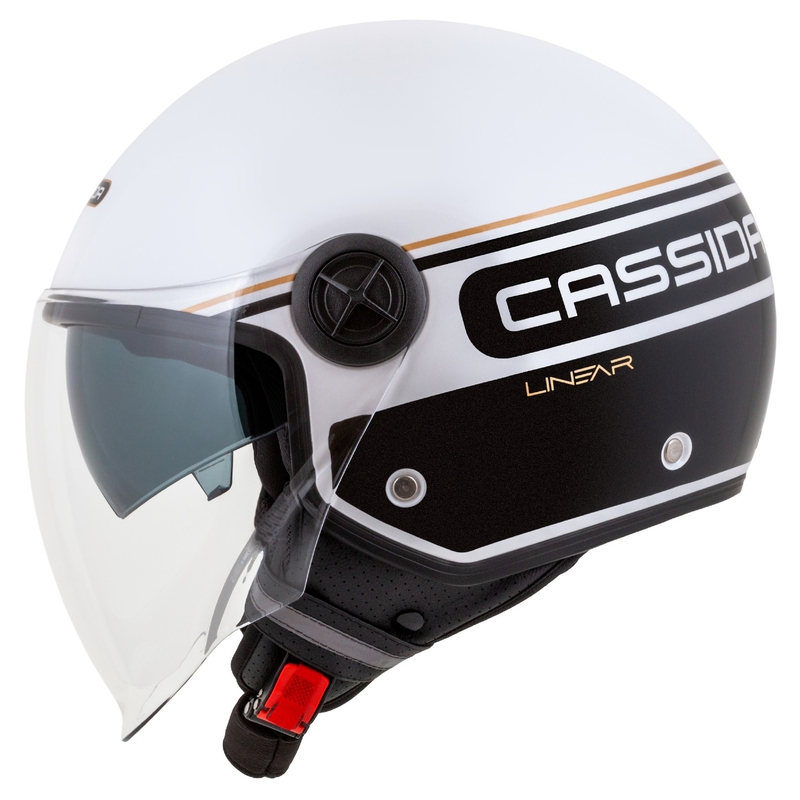 Cassida Handy Plus Linear atvērtā moto ķivere balta-melna-zelta