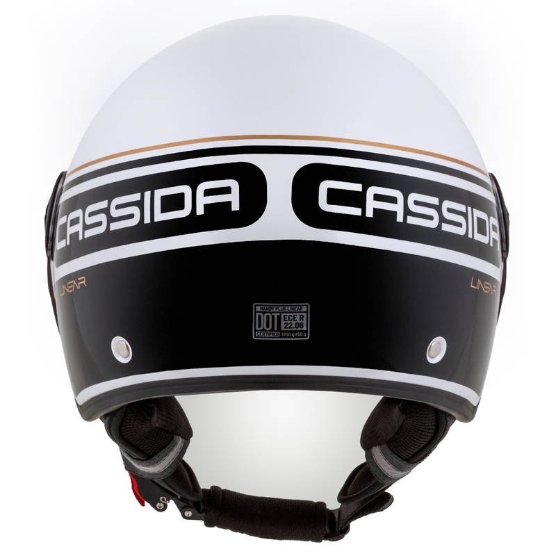 Cassida Handy Plus Linear atvērtā moto ķivere balta-melna-zelta