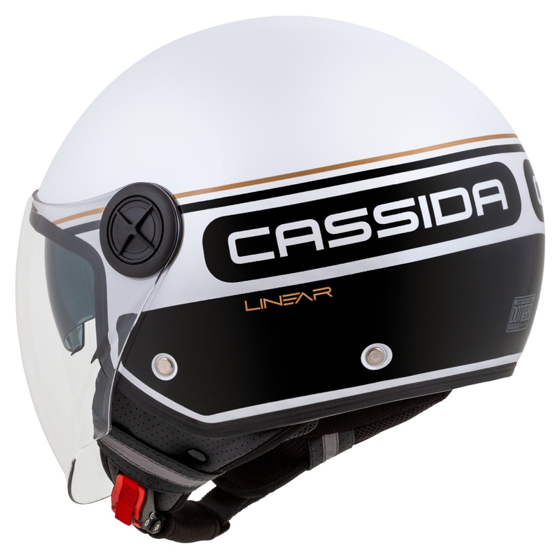 Cassida Handy Plus Linear atvērtā moto ķivere balta-melna-zelta