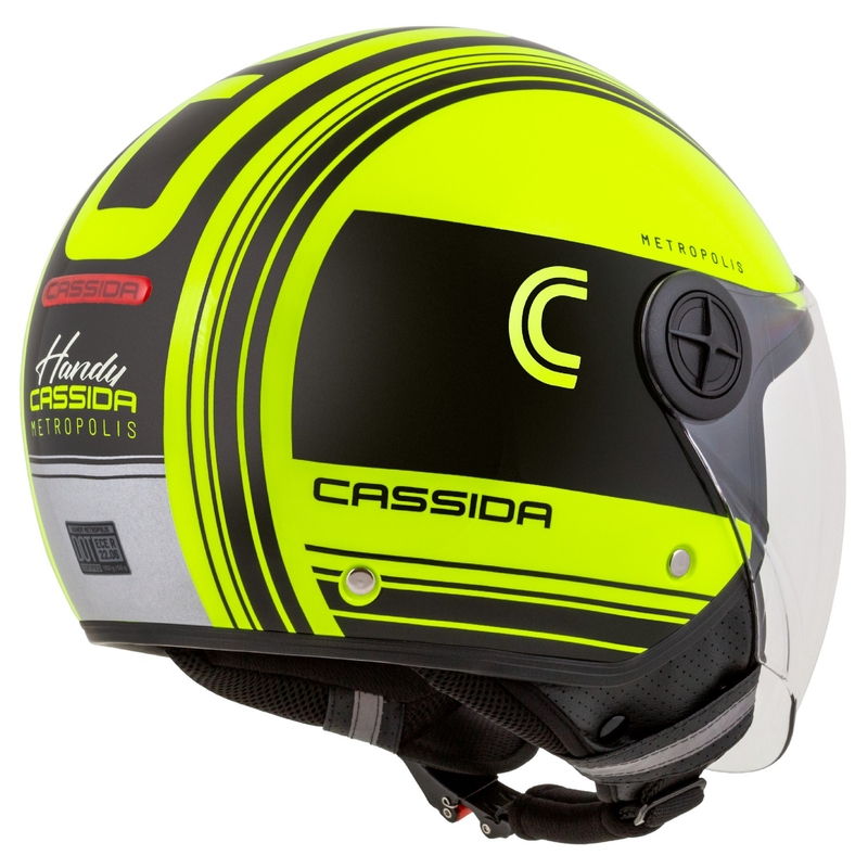 Cassida Handy Metropolis Safety fluo dzeltenā- melnā-atstarojošā pelēkā atvērta motociklu ķivere