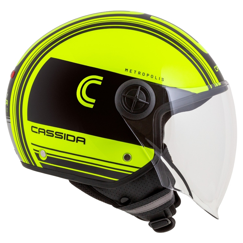 Cassida Handy Metropolis Safety fluo dzeltenā- melnā-atstarojošā pelēkā atvērta motociklu ķivere
