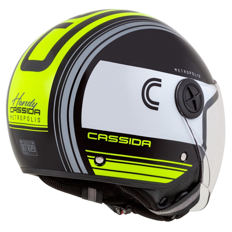 Cassida Handy Metropolis melnā-baltā-fluo dzeltenā-pelēkā atvērta motociklu ķivere