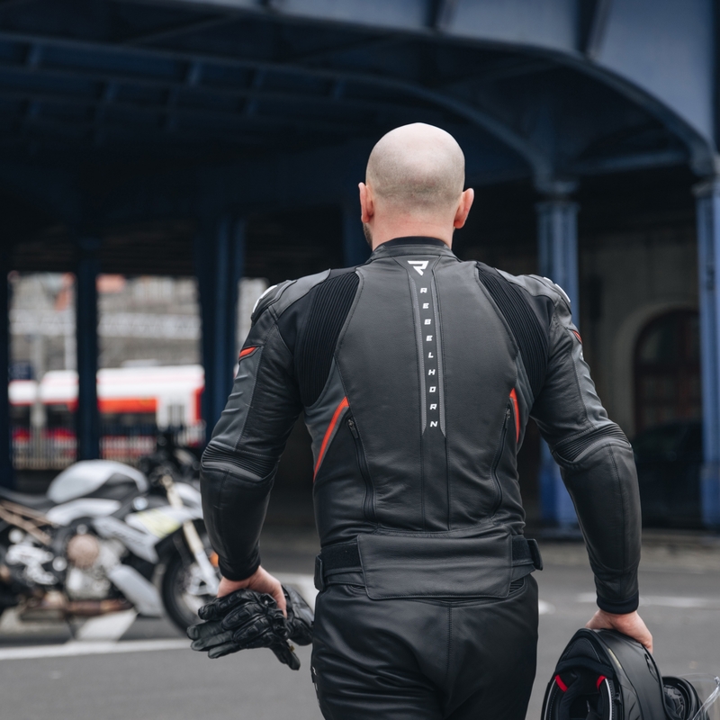Rebelhorn Veloce Black-Fluo Red Ādas motocikla jaka