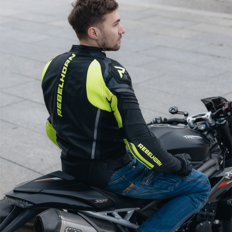 Rebelhorn Vandal Melna-fluo dzeltena ādas motocikla jaka izpārdošana