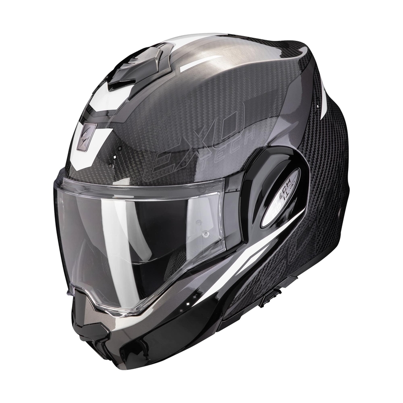 Salokāmā moto ķivere Scorpion EXO-TECH EVO CARBON ROVER melnā un baltā krāsā