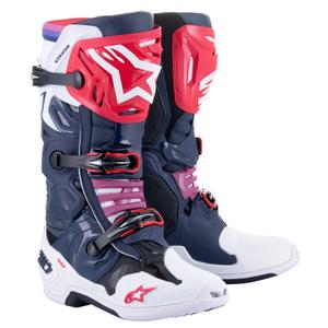 Alpinestars Tech 10 Supervented perforēti tumši zili-balti-sarkani-violeti motocikla zābaki
