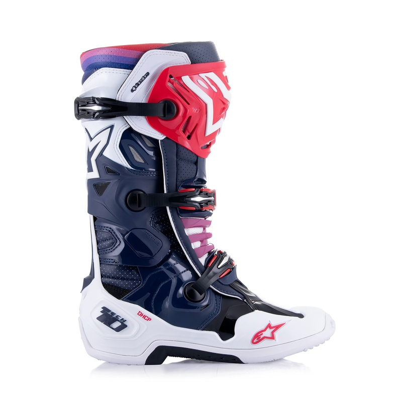 Alpinestars Tech 10 Supervented perforēti tumši zili-balti-sarkani-violeti motocikla zābaki