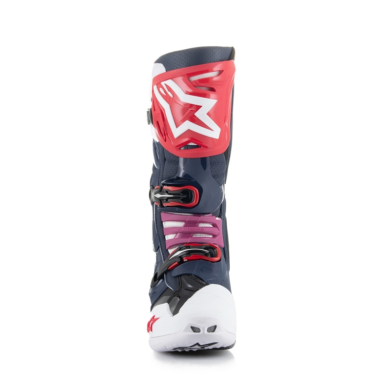 Alpinestars Tech 10 Supervented perforēti tumši zili-balti-sarkani-violeti motocikla zābaki