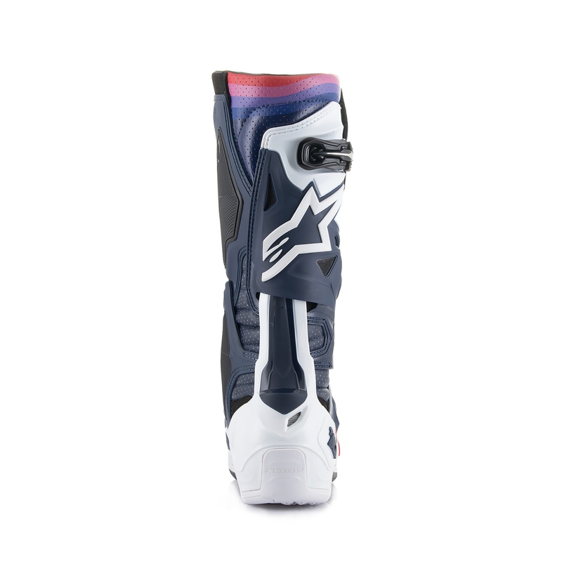 Alpinestars Tech 10 Supervented perforēti tumši zili-balti-sarkani-violeti motocikla zābaki
