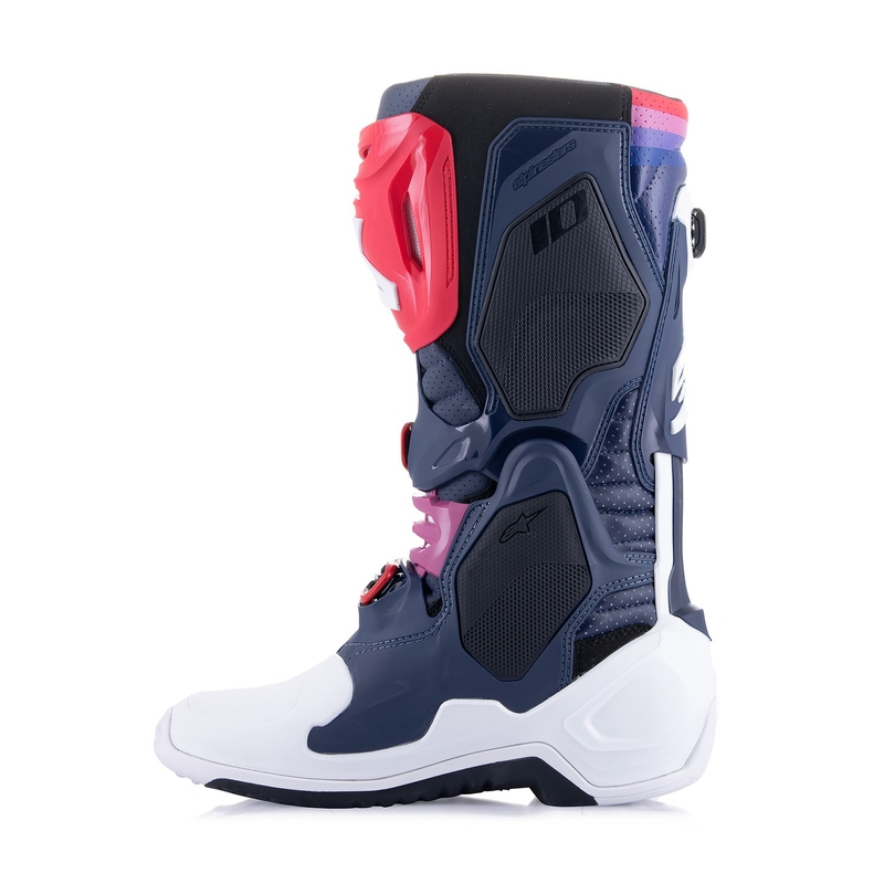 Alpinestars Tech 10 Supervented perforēti tumši zili-balti-sarkani-violeti motocikla zābaki