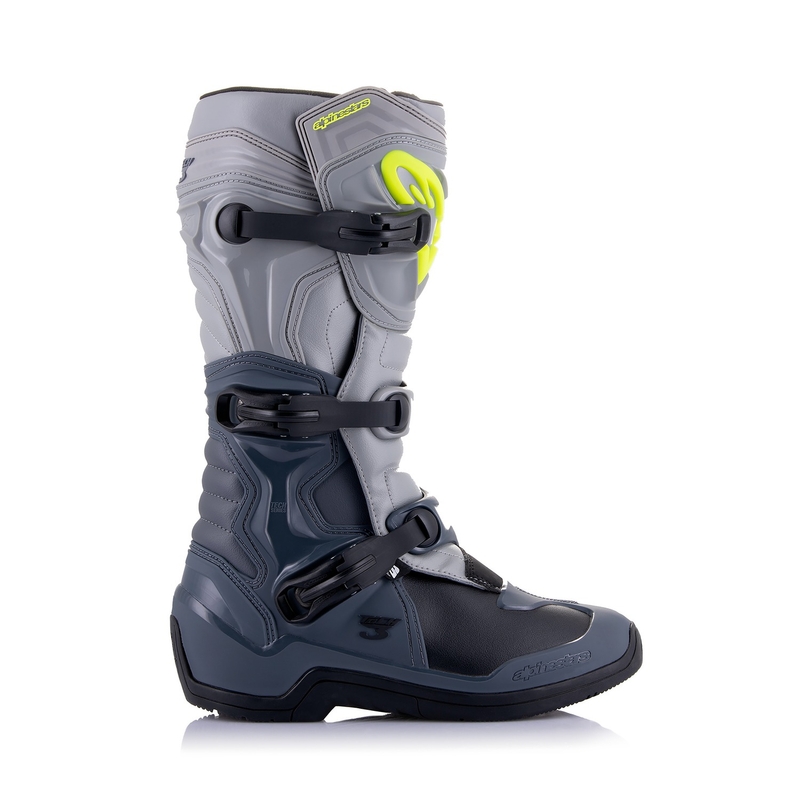 Alpinestars Tech 3 gaiši pelēki-melni-fluo dzelteni motocikla zābaki