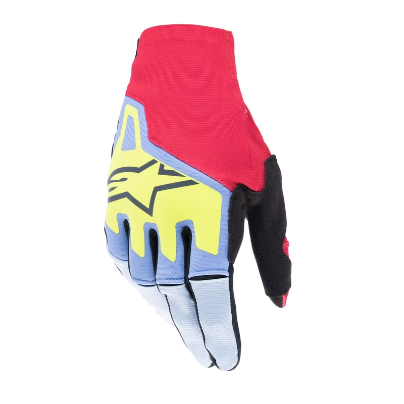 Alpinestars Techstar motokrosa cimdi gaiši zili-sarkani-sarkani-dzelteni-fluo melni