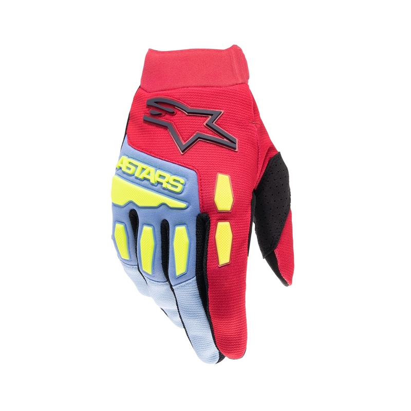 Alpinestars Full Bore 2024 bērnu motokrosa cimdi gaiši zili-sarkani-fluo dzelteni-melni melni
