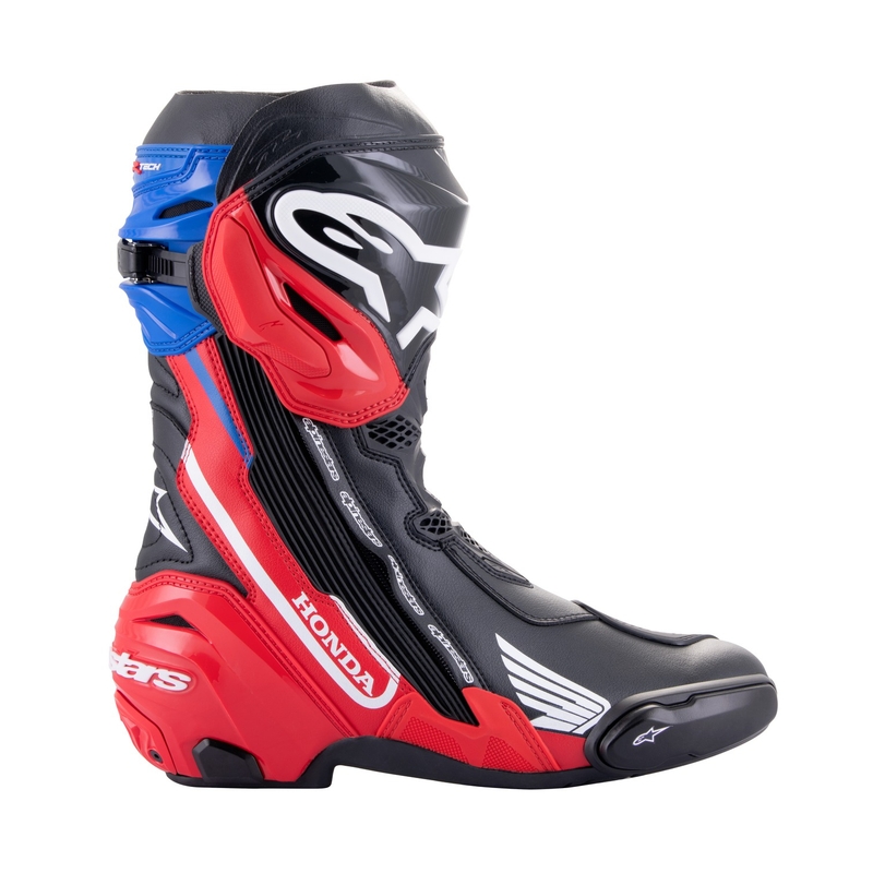 Alpinestars Supertech R Honda melni-sarkani fluo-zili-balti motociklu zābaki