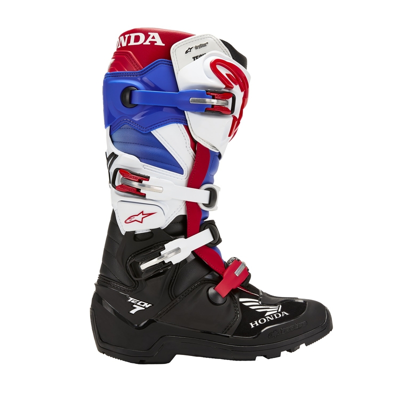 Alpinestars Tech 7 Enduro Drystar Honda melni-zili-balti-sarkani motociklu zābaki