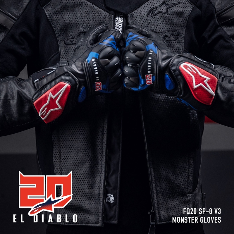 Alpinestars SP-8 3 Monster FQ20 melni-sarkani-zili-balti motocikla cimdi