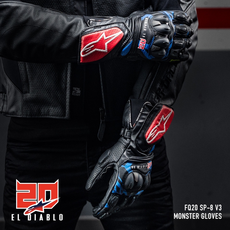 Alpinestars SP-8 3 Monster FQ20 melni-sarkani-zili-balti motocikla cimdi