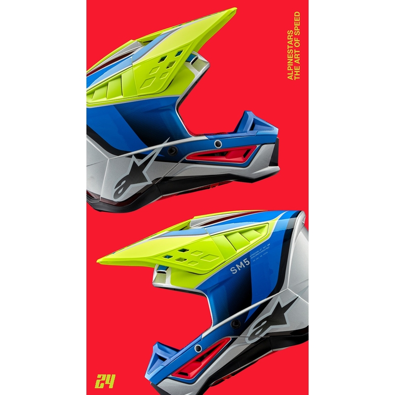 Alpinestars S-M5 Sail fluo dzeltenā-zilā-sudraba motokrosa ķivere