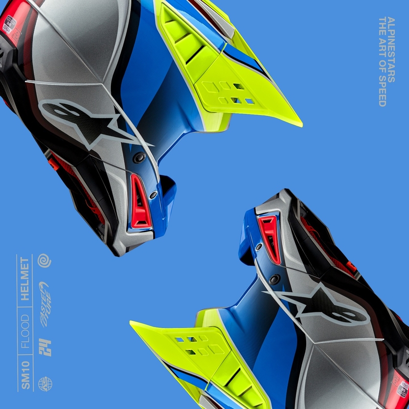 Alpinestars S-M5 Sail fluo dzeltenā-zilā-sudraba motokrosa ķivere