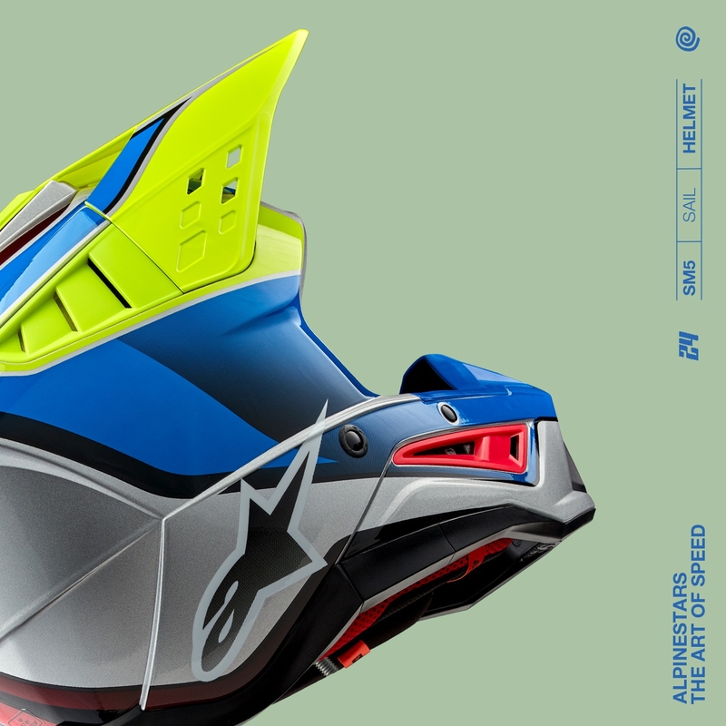 Alpinestars S-M5 Sail fluo dzeltenā-zilā-sudraba motokrosa ķivere