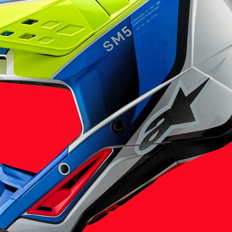 Alpinestars S-M5 Sail fluo dzeltenā-zilā-sudraba motokrosa ķivere