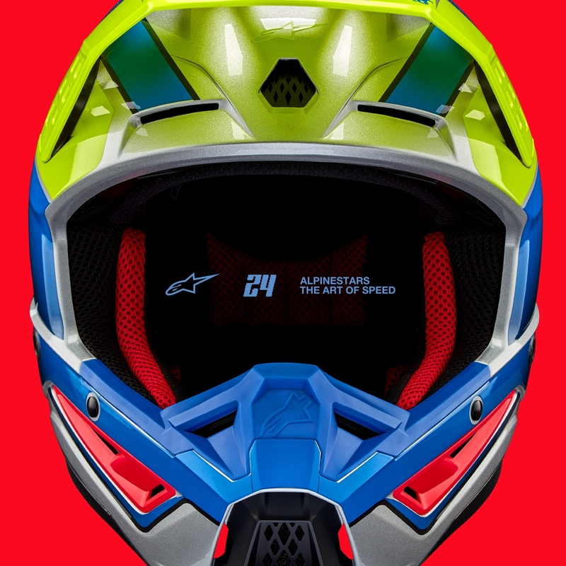 Alpinestars S-M5 Sail fluo dzeltenā-zilā-sudraba motokrosa ķivere