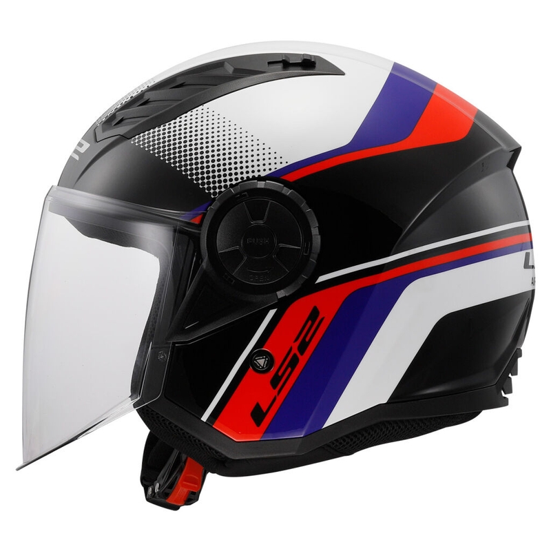 Atvērtā motociklista ķivere LS2 OF616 Airflow II Rush balts-zils-sarkans