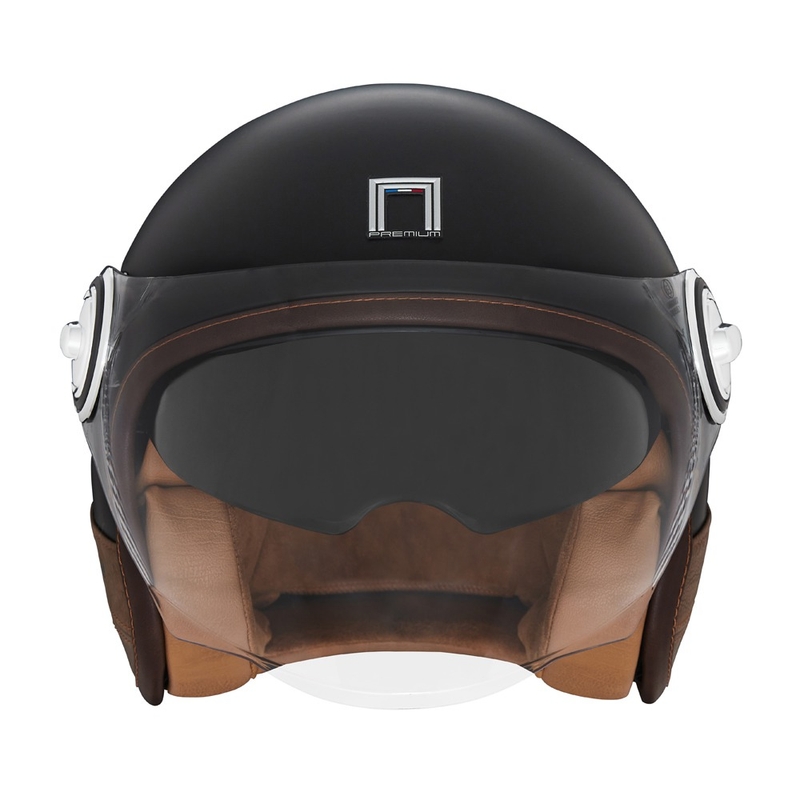 NOX PREMIUM Heritage atvērtā motocikla ķivere, matēti melna ar brūnu ādu