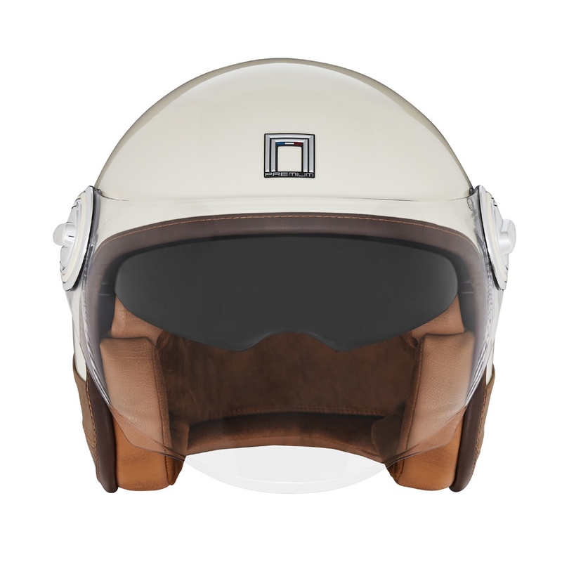 Atvērtā moto ķivere NOX PREMIUM Heritage krēmīgi balta ar brūnu ādu