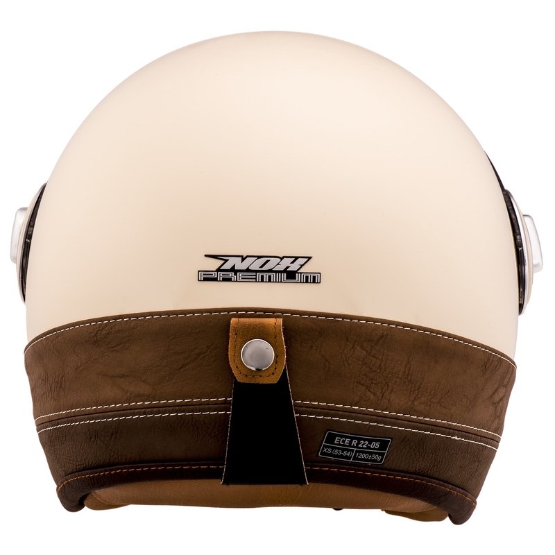 Atvērtā moto ķivere NOX PREMIUM Heritage krēmīgi balta ar brūnu ādu