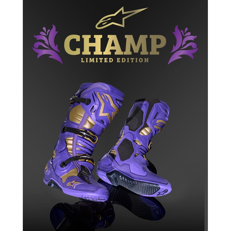 Alpinestars Tech 10 Limited Edition Champ Purple and Gold motociklu zābaki