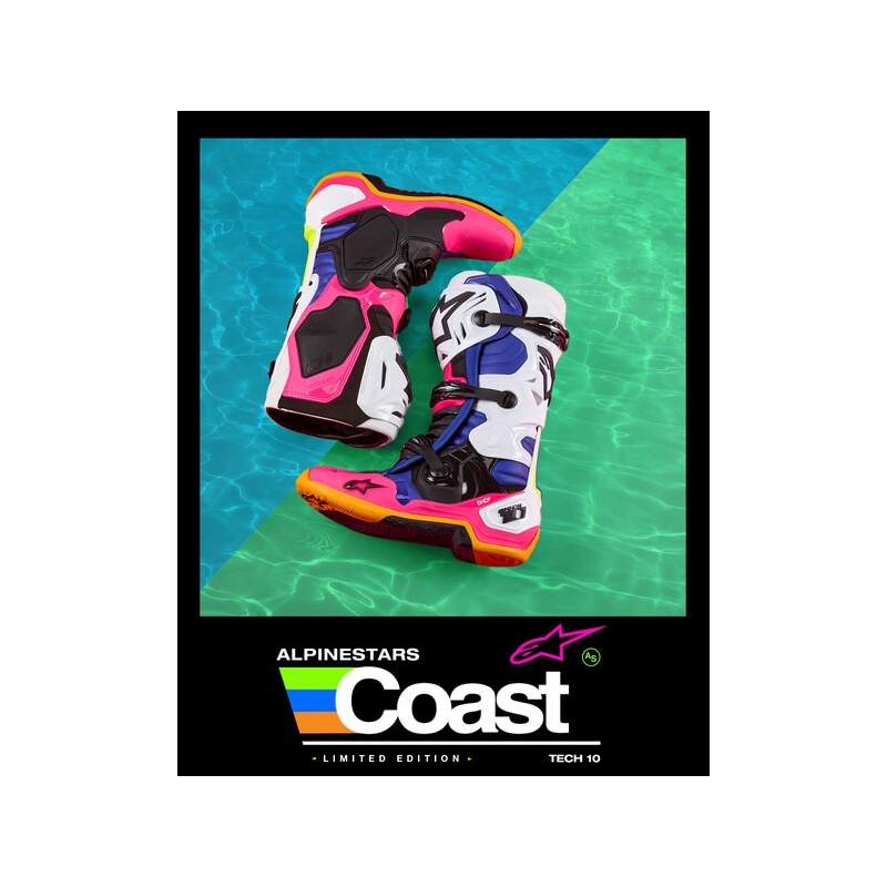 Alpinestars Tech 10 Limited Edition Coast White-Dark Blue-Pink-Fluo Yellow-Orange-Black Motociklu zābaki