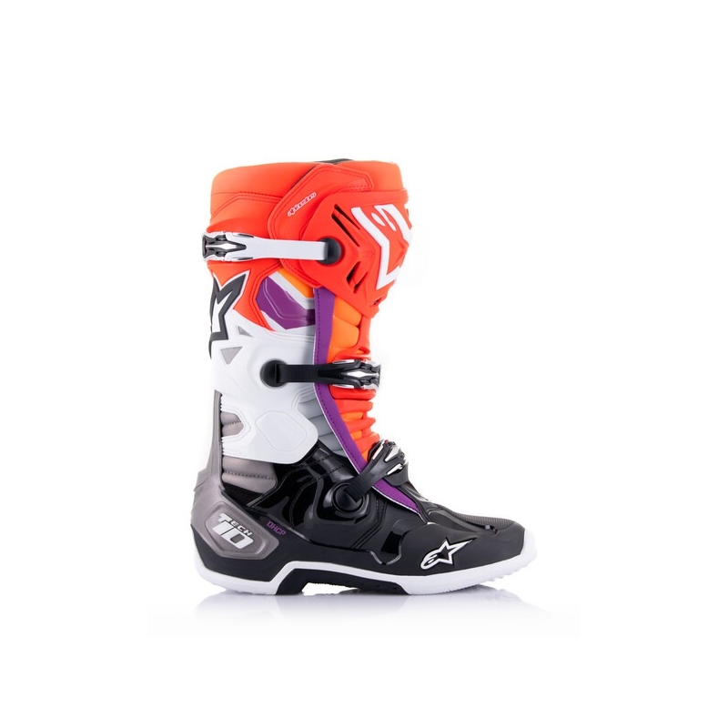 Alpinestars Tech 10 oranži-dzelteni-violeti-balti-melni motocikla zābaki