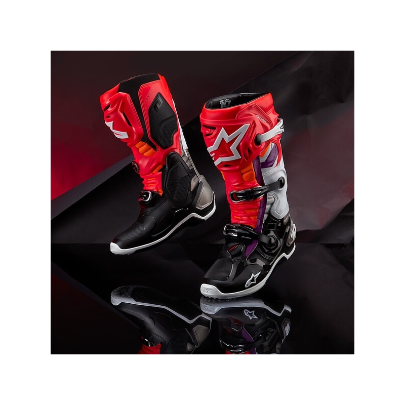 Alpinestars Tech 10 oranži-dzelteni-violeti-balti-melni motocikla zābaki