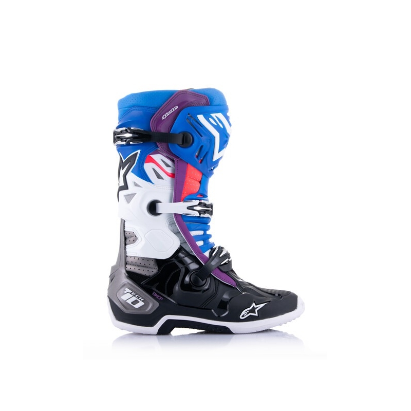 Alpinestars Tech 10 Supervented Perforēti zili-violeti-rozā-balti-pelēki-melni motociklu zābaki