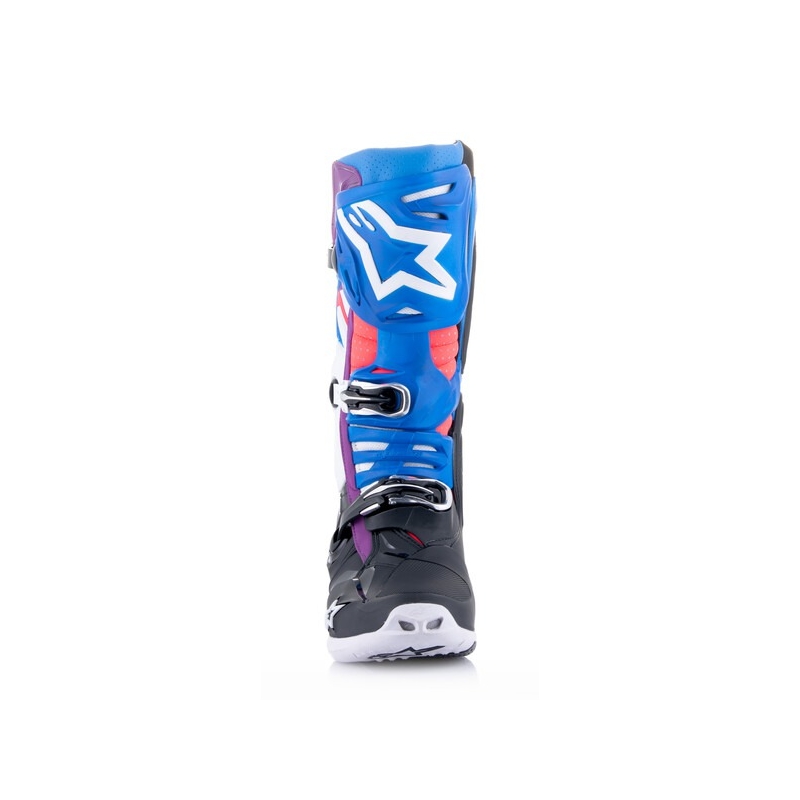 Alpinestars Tech 10 Supervented Perforēti zili-violeti-rozā-balti-pelēki-melni motociklu zābaki