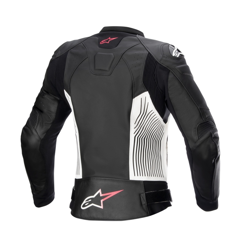 Alpinestars GP PLUS 4 sieviešu motocikla jaka melnā, baltā un rozā krāsā