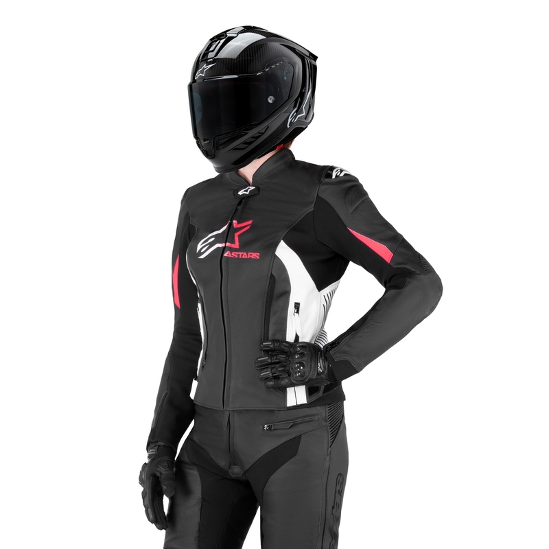 Alpinestars GP PLUS 4 sieviešu motocikla jaka melnā, baltā un rozā krāsā
